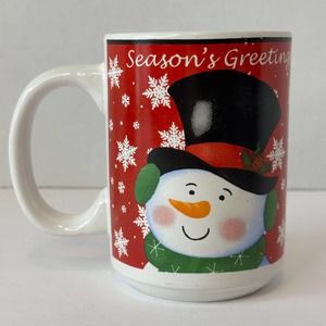 Seasons Greetings Snowman Mug/Cup 14oz Red Cup w/ Snowman in Top Hat Snowflake